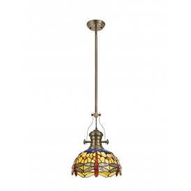 LINCOLN, Hazel Tiffany Ceiling Pendant Light 30cm Antique Brass, Blue, Orange, Crystal