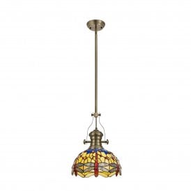 LINCOLN, Hazel Tiffany Ceiling Pendant Light 30cm Antique Brass, Blue, Orange, Crystal