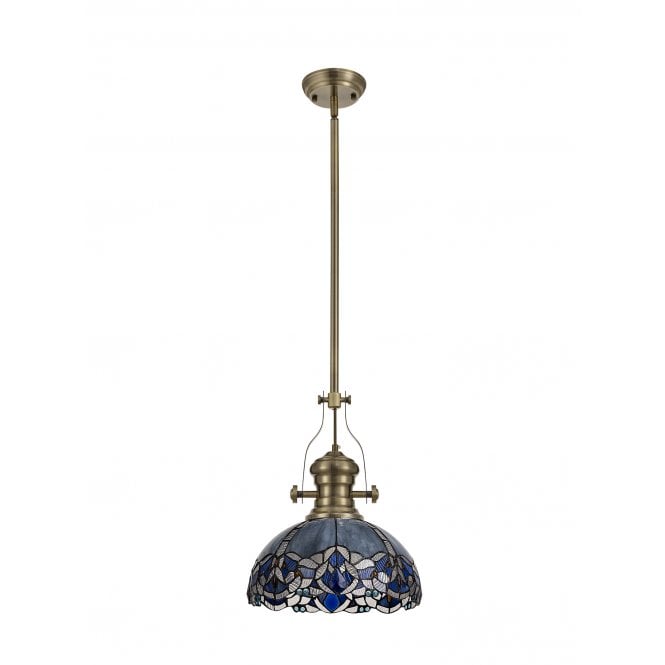 LINCOLN Omari Single Ceiling Pendant Tiffany Antique Brass, Blue, Clear Crystal