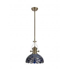 LINCOLN Omari Single Ceiling Pendant Tiffany Antique Brass, Blue, Clear Crystal