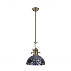 LINCOLN Omari Single Ceiling Pendant Tiffany Antique Brass, Blue, Clear Crystal
