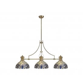 LINCOLN Omari Tiffany 3 Light Linear Ceiling Pendant Bar Light 30cm Antique Brass Blue Clear Crystal