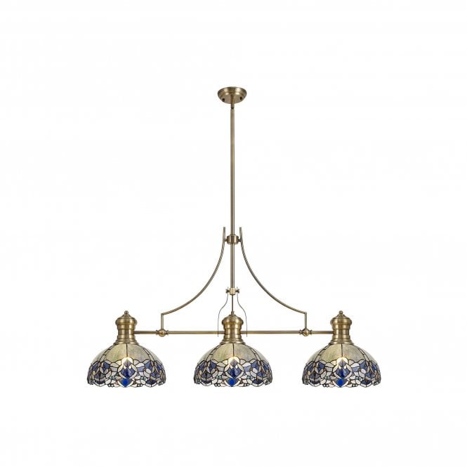 LINCOLN Omari Tiffany 3 Light Linear Ceiling Pendant Bar Light 30cm Antique Brass Blue Clear Crystal