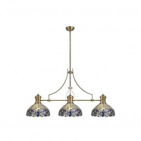 LINCOLN Omari Tiffany 3 Light Linear Ceiling Pendant Bar Light 30cm Antique Brass Blue Clear Crystal