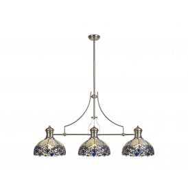 LINCOLN Omari Tiffany 3 Light Linear Ceiling Pendant Bar Light 30cm Polished Nickel Blue Clear Crystal