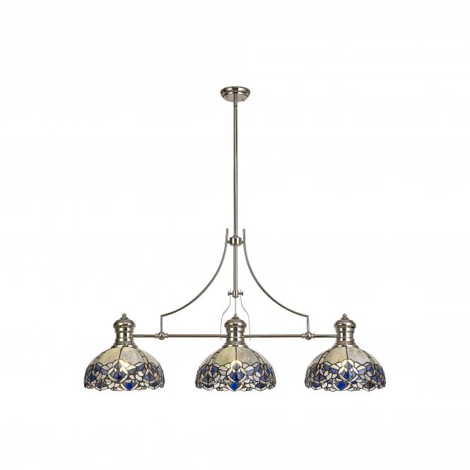 LINCOLN Omari Tiffany 3 Light Linear Ceiling Pendant Bar Light 30cm Polished Nickel Blue Clear Crystal