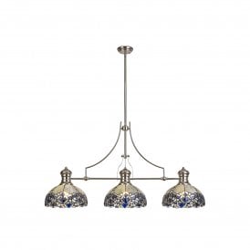 LINCOLN Omari Tiffany 3 Light Linear Ceiling Pendant Bar Light 30cm Polished Nickel Blue Clear Crystal