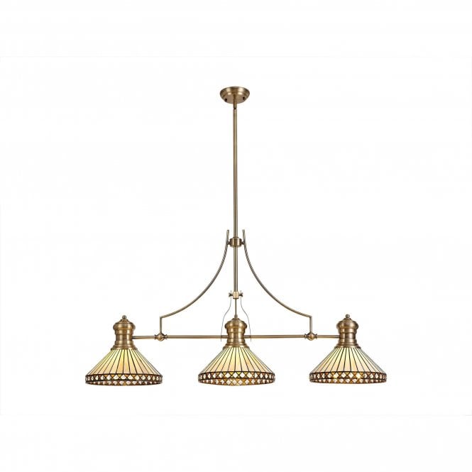 LINCOLN Tanya Tiffany 3 Light Linear Ceiling Pendant Bar Light 30cm Antique Brass Amber Cream Crystal