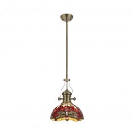 LINCOLN, Tiffany Hazel Ceiling Pendant Light 30cm Antique Brass, Purple, Pink, Crystal