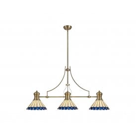 LINCOLN Tiffany Una 3 Light Linear Ceiling Pendant Bar Light 30cm Antique Brass Blue Cream Crystal