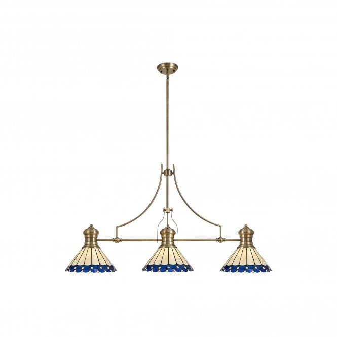 LINCOLN Tiffany Una 3 Light Linear Ceiling Pendant Bar Light 30cm Antique Brass Blue Cream Crystal