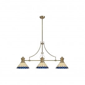 LINCOLN Tiffany Una 3 Light Linear Ceiling Pendant Bar Light 30cm Antique Brass Blue Cream Crystal