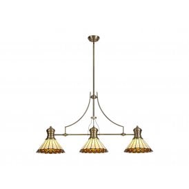 LINCOLN Tiffany Una 3 Light Linear Ceiling Pendant Bar Light 30cm Tiffany Antique Brass Amber Cream Crystal