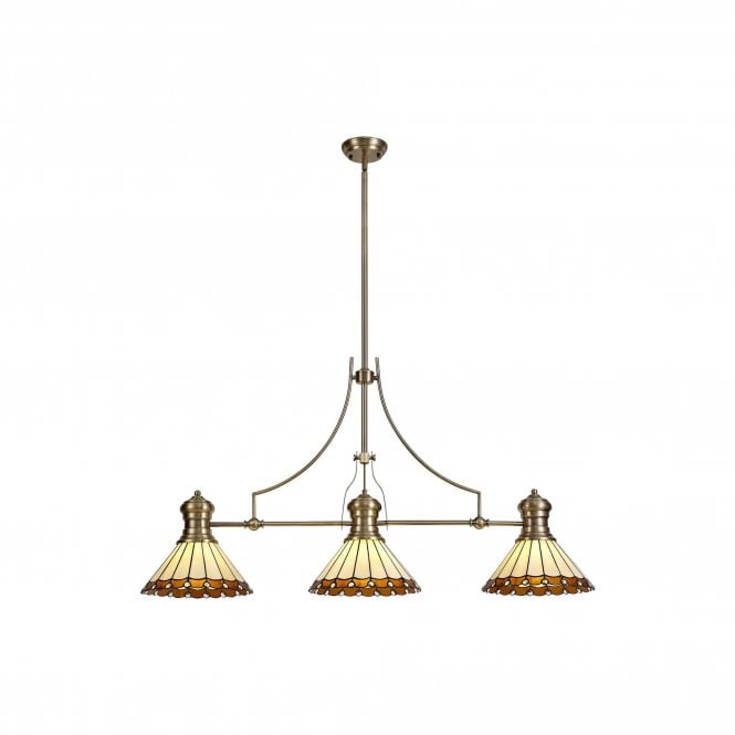 LINCOLN Tiffany Una 3 Light Linear Ceiling Pendant Bar Light 30cm Tiffany Antique Brass Amber Cream Crystal