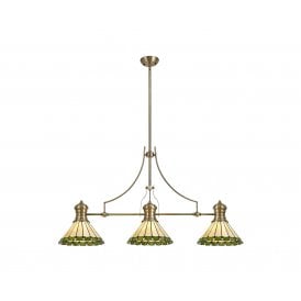 LINCOLN Una 3 Light Linear Ceiling Pendant Bar Light 30cm Tiffany Antique Brass Green Cream Crystal