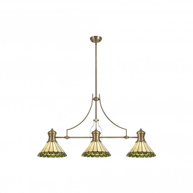 LINCOLN Una 3 Light Linear Ceiling Pendant Bar Light 30cm Tiffany Antique Brass Green Cream Crystal