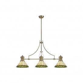 LINCOLN Una 3 Light Linear Ceiling Pendant Bar Light 30cm Tiffany Antique Brass Green Cream Crystal