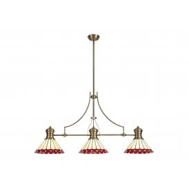 LINCOLN Una Tiffany 3 Light Linear Ceiling Pendant Bar Light 30cm Antique Brass Red Cream Crystal