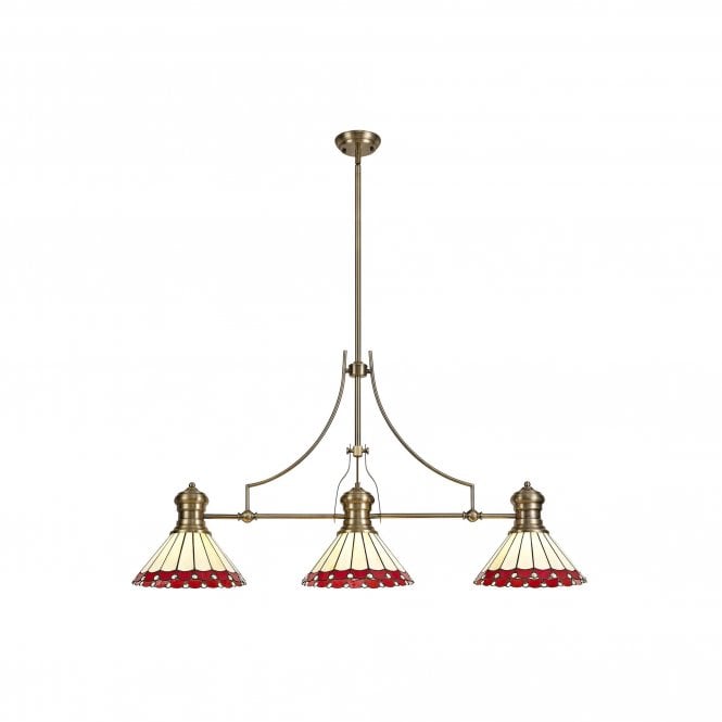 LINCOLN Una Tiffany 3 Light Linear Ceiling Pendant Bar Light 30cm Antique Brass Red Cream Crystal