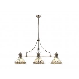 LINCOLN Una Tiffany 3 Light Linear Ceiling Pendant Bar Light 30cm Polished Nickel Grey Cream Crystal