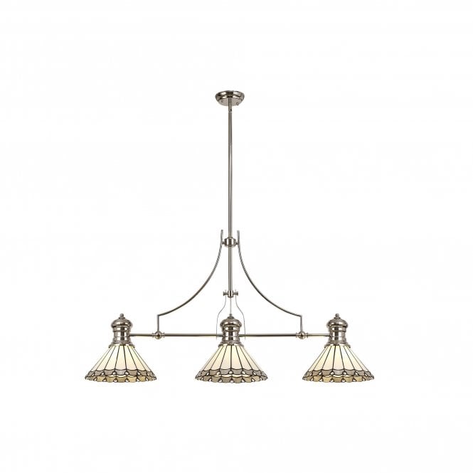 LINCOLN Una Tiffany 3 Light Linear Ceiling Pendant Bar Light 30cm Polished Nickel Grey Cream Crystal