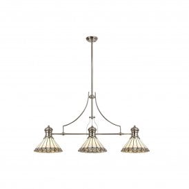 LINCOLN Una Tiffany 3 Light Linear Ceiling Pendant Bar Light 30cm Polished Nickel Grey Cream Crystal