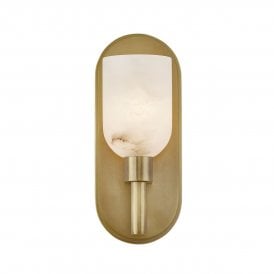 modern wall sconce with alabaster shade and vintage brass backplate