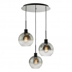 3 Light Cluster Ceiling Pendant in Matt Black with Smoked Ombre Glass