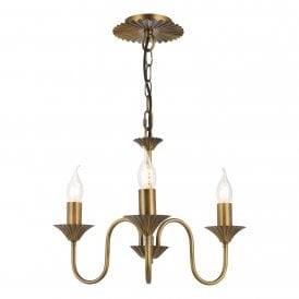 a vintage style antique bronze light fitting featuring three arms and candle style bulbs