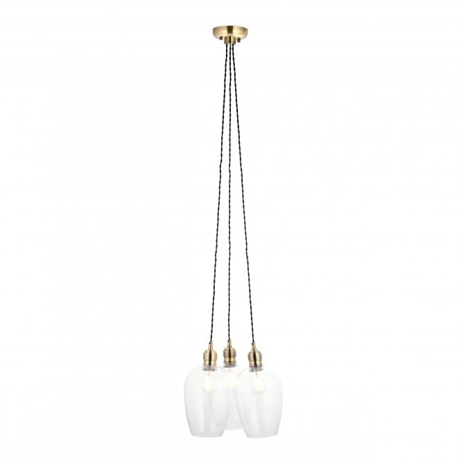 Macie Antique Brass and Clear Glass 3 Light Cluster Pendant