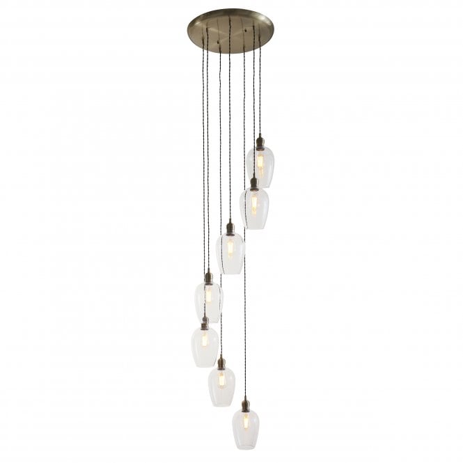 Macie Antique Brass and Clear Glass 7 Light Cascade Pendant