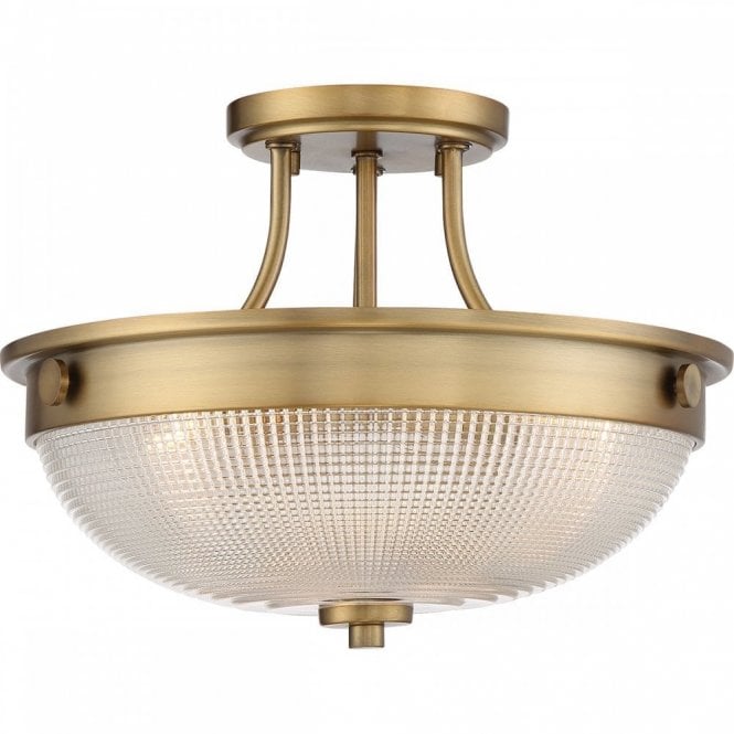 MANTLE semi-flush fit ceiing light with prismatic glass shade on weathered brass fitting