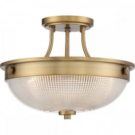 MANTLE semi-flush fit ceiing light with prismatic glass shade on weathered brass fitting