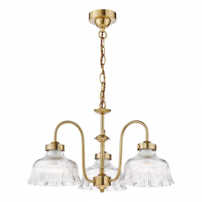 Maude 3 Armed Pendant in Natural Brass with Ribbed Glass