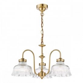 natural brass ceiling pendant with 3 ribbed glass shades