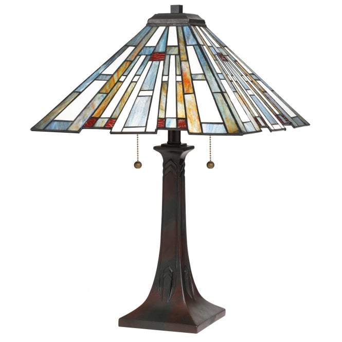 MAYBECK Tiffany Style 2 Light Table Lamp in Bronze with Art Glass