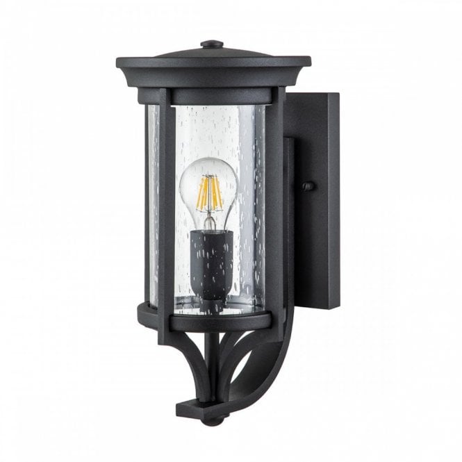 MERRILL Arts and Crafts style black garden wall lantern with seeded glass