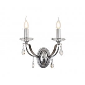 MHYSA classic twin candle style wall light in chrome with crystal droplets