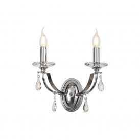 MHYSA classic twin candle style wall light in chrome with crystal droplets