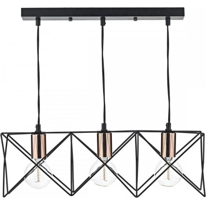 MIDI open black geometric frame ceiling bar pendant with copper detail