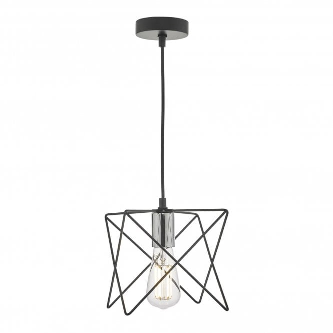 MIDI open black geometric frame ceiling pendant with polished chrome detail