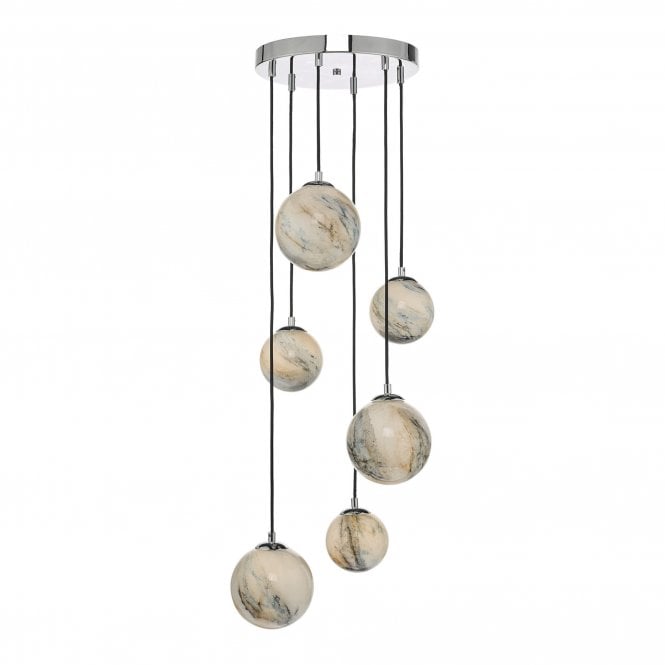 MIKARA 6 light cluster pendant with marble effect glass globe shades