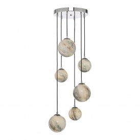 MIKARA 6 light cluster pendant with marble effect glass globe shades