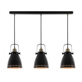 MINSTER matt black 3 light ceiling bar pendant in retro industrial design