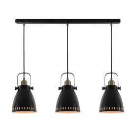 MINSTER matt black 3 light ceiling bar pendant in retro industrial design