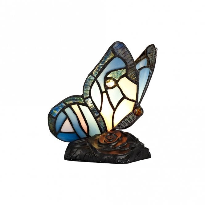 MYA small butterfly table lamp in blue and pink Tiffany glass