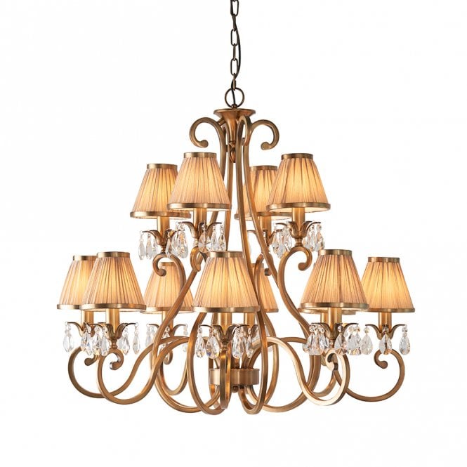 OKSANA 12 light traditional antique brass chandelier with beige shades