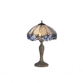 OMARI Tiffany 2 Light Curved Table Lamp 40cm Blue, Clear Crystal, Antique Brass