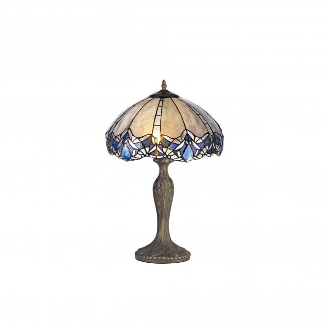 OMARI Tiffany 2 Light Curved Table Lamp 40cm Blue, Clear Crystal, Antique Brass