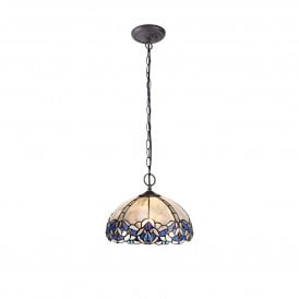 OMARI Tiffany 2 Light Downlight Ceiling Pendant 30cm Blue, Clear Crystal, Antique Brass